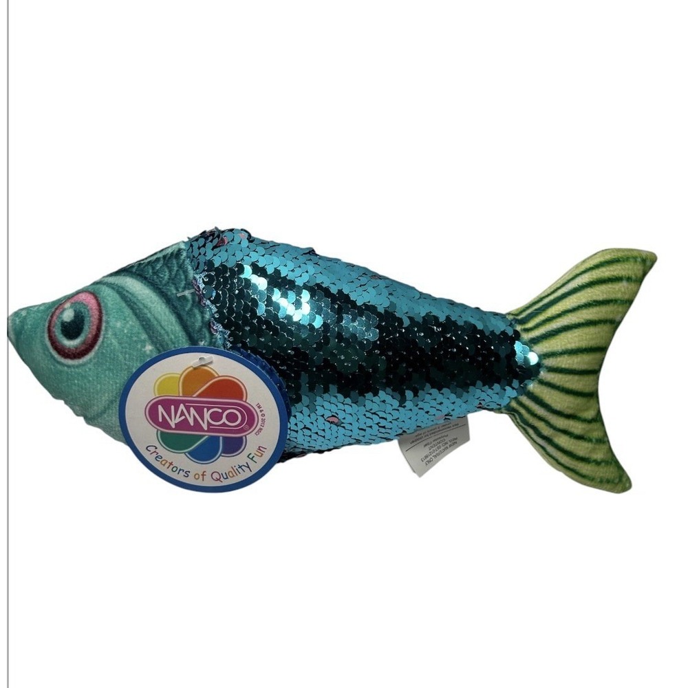 Nanco 10" Blue Pink Reversible Sequin Fish Plush Toy Doll NEW